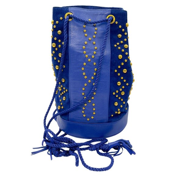 Yves Saint Laurent Rive Gauche Vintage Blue / Gold Studded Suede and Leather Han - Picture 1 of 9